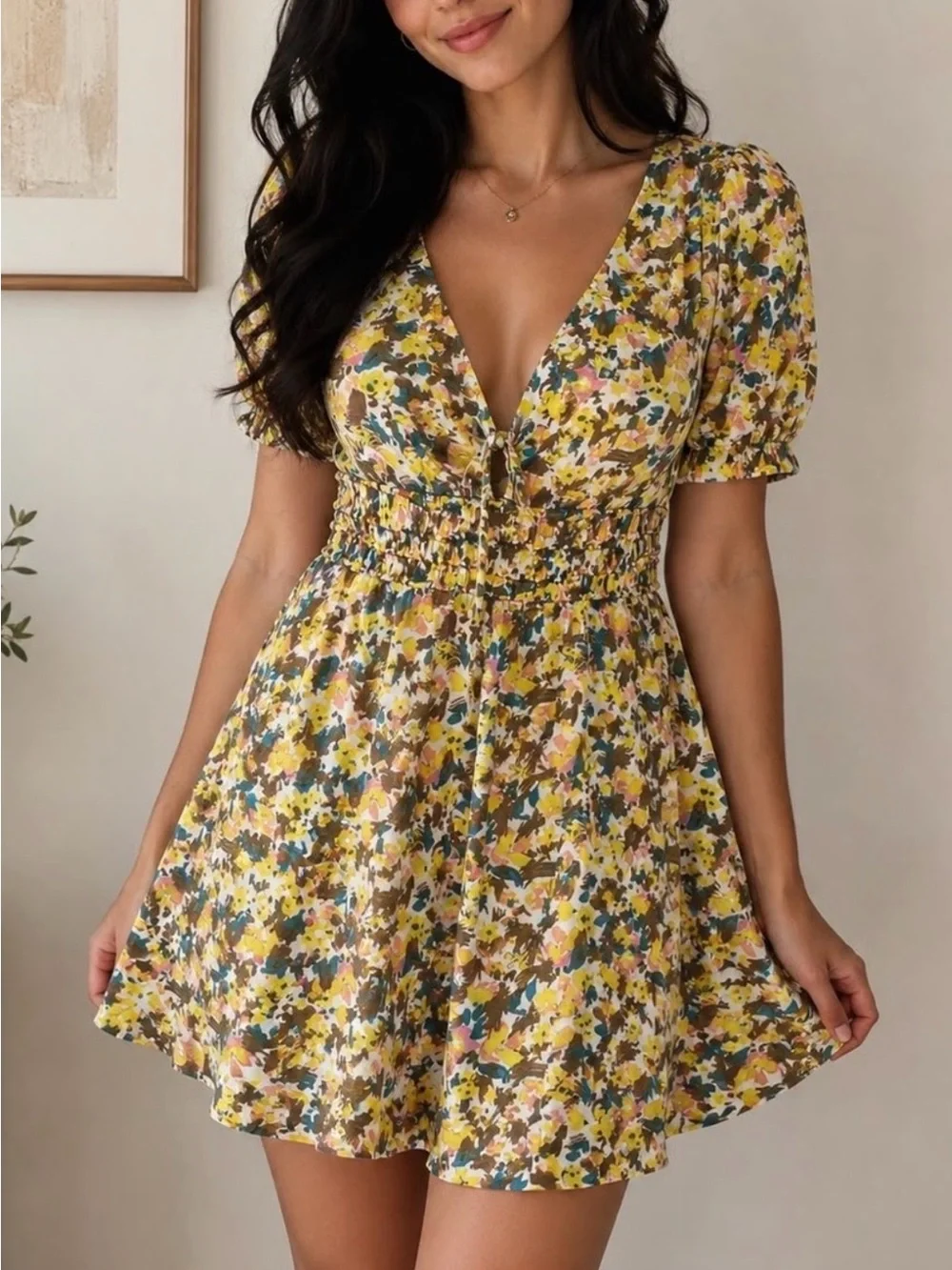 Forget me NOT Yellow Floral V-Neck Short Dress